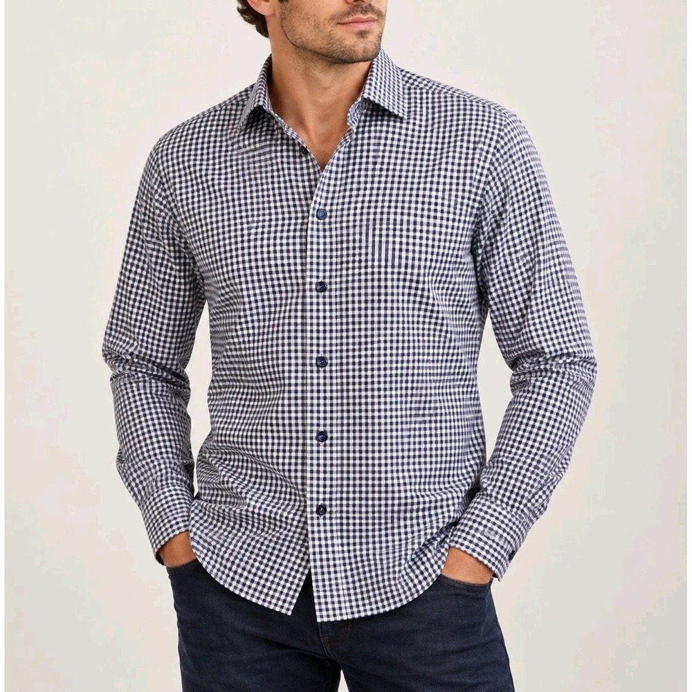 Eton Men's Slim Fit Gingham Check Dress Shirt 39 15.5 Medium Blue White Cotton